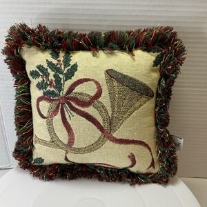 Vtg Christmas Tapestry Fringe Throw Pillow‎ Riverdale w/French Horn 9x8